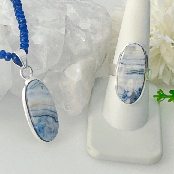 SALE❗️Jewelry Set Ring Size 8 Blue Scheelite Pendant Sterling Silver 925 - Picture 3 of 12